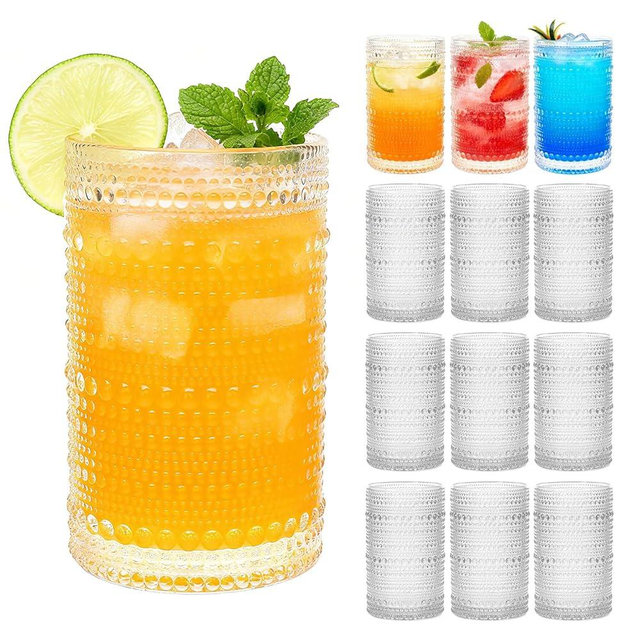 Mapoxy Hobnail Drinking Glasses Set of 12, 12 Oz Highball Glasses, Clear Embossed Water Glass Cups for Beer, Whiskey, Juice & Cocktails, Multi-Use Boho Glassware Set for Home, Bar, Kitchen & Gifting