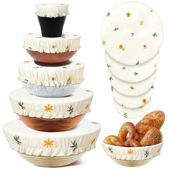 Patelai 10 Pieces Bowl Covers Reusable in 5 Size Stretch Cloth Fabric Bowl Covers Elastic Food Storage Covers Cotton Bread Bowl Covers Reusable Lids for Food, Fruits, Leftover (Embroidery Daisy)