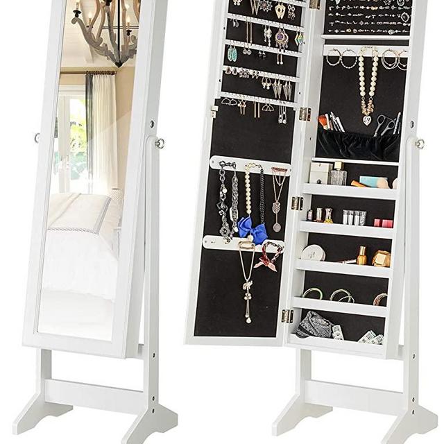 YOKUKINA Jewelry Cabinet Free Standing Large Storage Lockable Armoire, Full Length Dressing Mirror Organizer