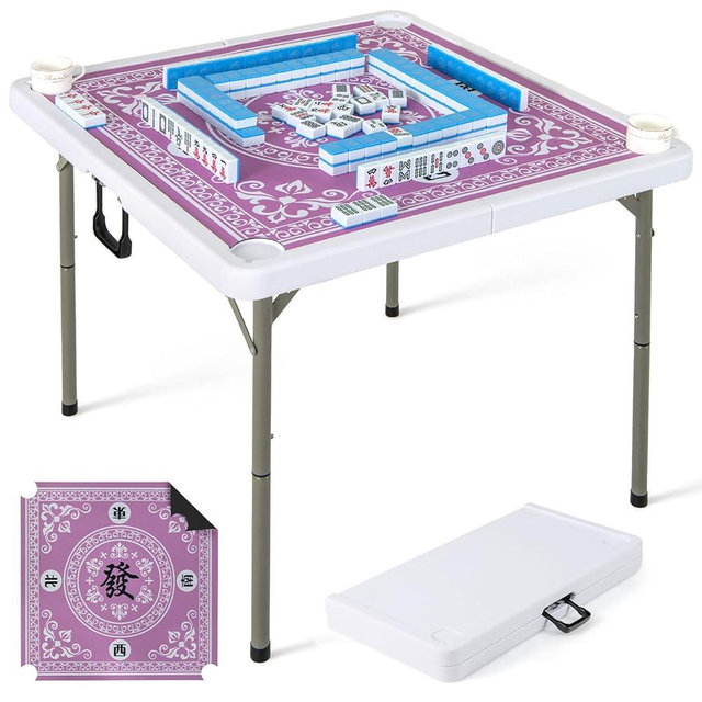 Goplus Mahjong Table, 35" Square Folding Card Table w/4Cup Holders, Anti Slip Mat, HDPE Tabletop, Metal Legs, Portable Mahjong Game Table for Domino Game, Picnic (Pink, Table w/Removable Mat)