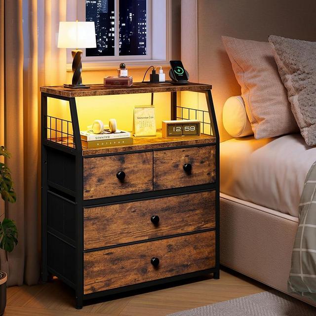 EnHomee Nightstand with Charging Station and LED Lights Nightstand Modern Night Stand for Bedroom Night Stand with 4 Dresser Drawers and Storage Shelves