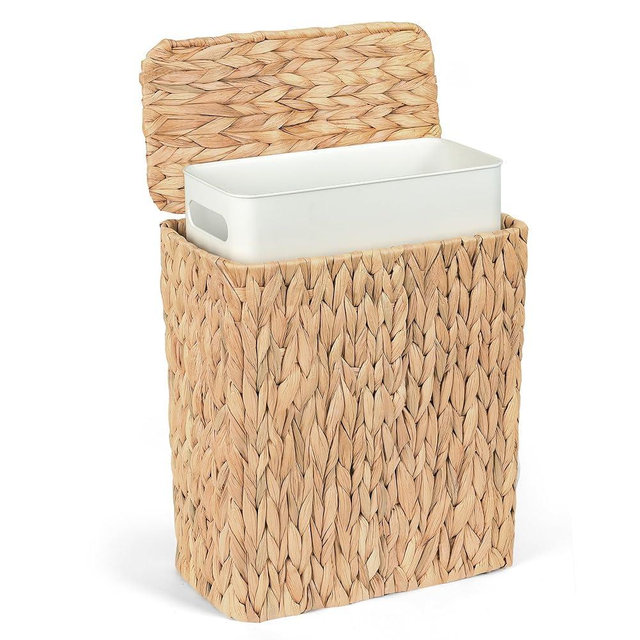 iEGrow Wicker Trash Can, Bathroom Trash Can with Lid, 3 Gallon Natural Water Hyacinth Waste Basket with Removable Liner, for Bedroom, Living Room, Toilet, Under Sink