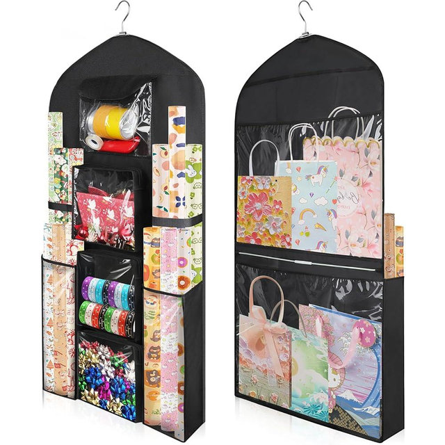 Woodoulogy Hanging Gift Wrapping Paper Storage, 48x24 (Extra Large) Black Double-Sided Christmas Wrapper Bag Container, Oxford Long Craft Roll Organizer, Present Wrap Holder for Closet, Door