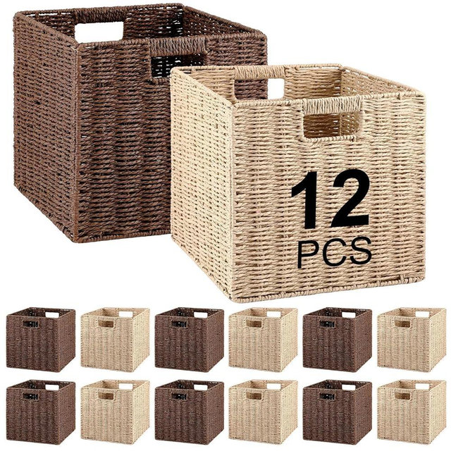 Vesici 12 Pcs Wicker Baskets for Organizing Wicker Storage Cube Storage Beige and Brown 11 Inch Foldable Woven Basket with Handles for Organizer Shelves Bathroom Bedroom Laundry Pantry Living Room