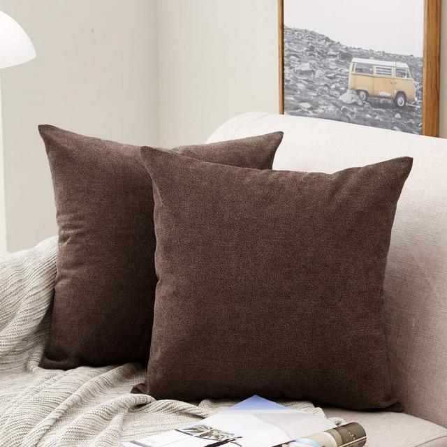 MERNETTE Pack of 2, Thick Chenille Decorative Square Throw Pillow Cover Cushion Covers Pillowcase, Home Decor Decorations for Sofa Couch Bed Chair 24x24 Inch/60x60 cm (Dark Brown)