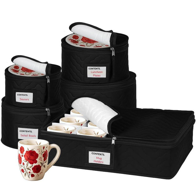 China Storage Containers 5-Piece Set Moving Boxes for Dinnerware, Glasses, Plates, Mugs and Saucers Sturdy Quilted Microfiber Dish Organizer with Dividers for Seasonal Storage - Holds Set of 12, Black
