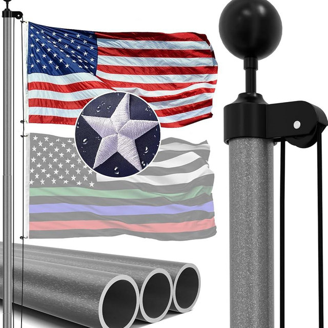 IIOPE 20FT Heavy Duty Flag Pole,12 Gauge Aluminum,100 MPH Wind Tested,Extra Thick Flagpole Kit for House Outside with 5x3 USA Flag, Includes All Hardware Needed to Fly Two Flags（Space Gray）