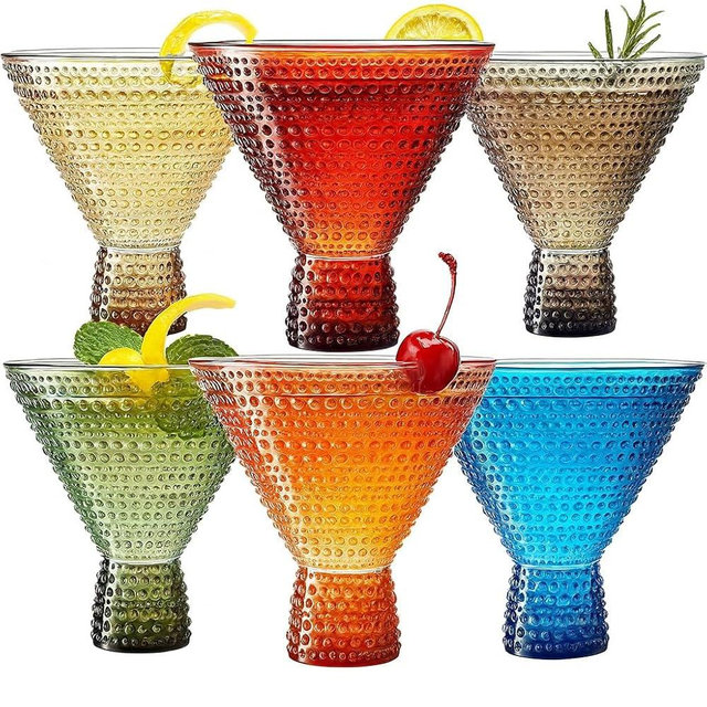 Khen Plastic Hobnail Martini & Cocktail Drinking Glasses Set of 6 Neutral Tones Cups 14oz, Shatterproof & Unbreakable Acrylic Beaded Design, BPA-Free, Dishwasher Safe Indoor/Outdoor Drinkware Water
