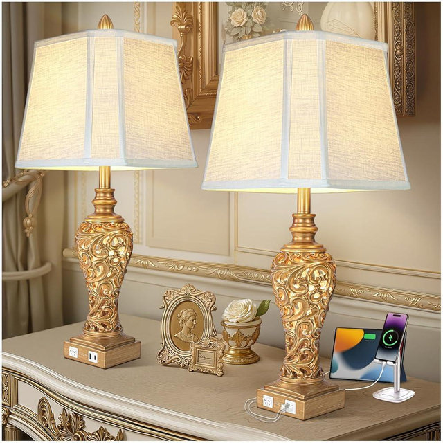 Vintage Table Lamps Set of 2, 28.5'' Tall Antique Gold Bedside Lamps with Fabric Shades, USB A+C Charging Ports & Night Light, Farmhouse Nightstand Lamps for Bedroom Living Room Office (Bulb Included)