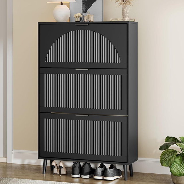 IAISRO Shoe Storage Cabinet with 3 Flip Drawers, Narrow Wood Shoe Organizer Cabinet with Fluted Panel, Slim Shoe Rack for Entryway, Freestanding Shoe Cabinet for Living Room, Hallway, Black