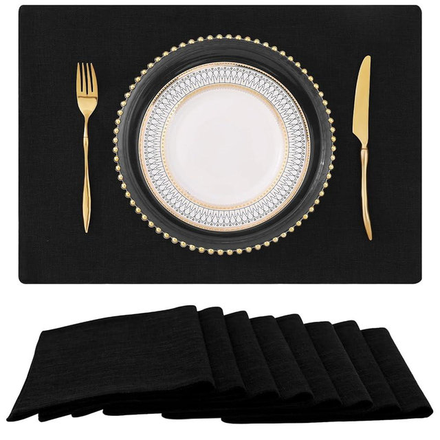 homing Black Cloth Placemats for Dining Table Set of 8 – Cotton Linen Blend Washable Farmhouse Kitchen Mats for Indoors & Outdoors - Easy to Clean 13 x 19 Inch
