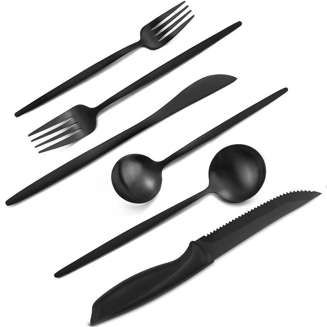 VANVRO 24-Piece Matte Black Silverware Set, Food-Grade Stainless Steel flatware Cutlery set with Steak Knives, Satin Finish tableware Service for 4, Home and Restaurant, Dishwasher Safe