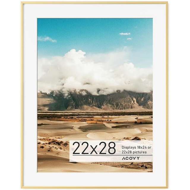 Acovy 22x28 Poster Frame Gold, 22x28 Frame with Mat for 18x24, Premium Aluminum 22 x 28 picture frame, HD Tempered Glass, Metal Photo Frame 22x28 for Wall Display (Gold, Pack of 1)
