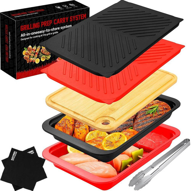 GAYIMEI Deep Grill Carry System with Lids, Cutting Board, Tong, Gift Ready BBQ Carry Tray for Prepping, Marinating and Serving, Diswasher Safe, Nesting Platters Black in Red