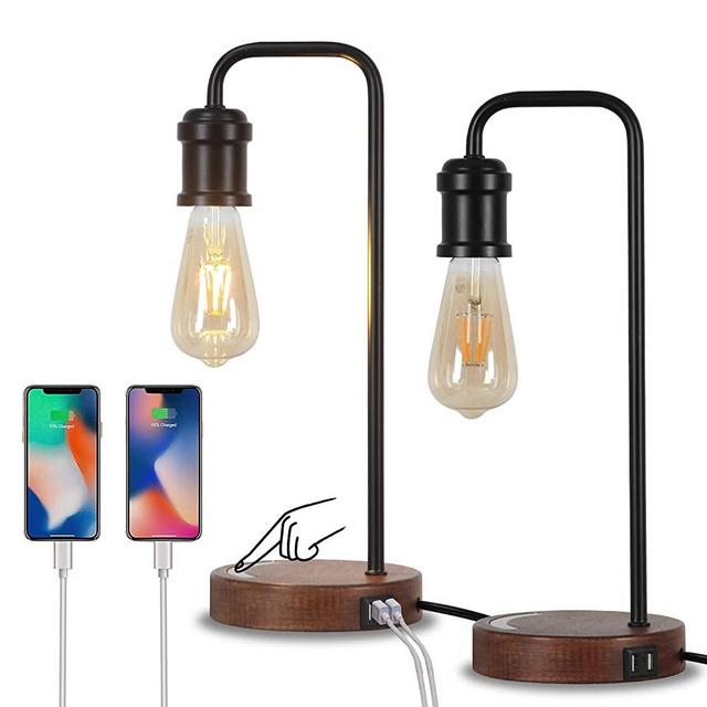 Set of 2 Touch Control Industrial Desk Lamp with USB Port, Dimmable Bedside Lamp with Faux Wood Base Nightstand Table Lamp Office Work Lamp for Living Room, Bedroom, College Dorm 3 Way Bulb Included