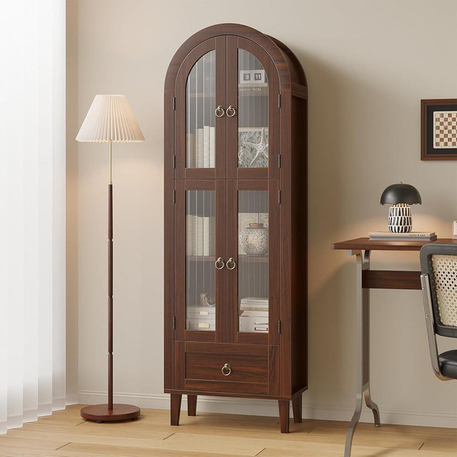 iabifo 71" Tall Arched Cabinet with Acrylic Door, Modern Curio Arched Bookcase with Drawer, Display Cabinet Organizer, Kitchen Pantry with Top-Opening Storage Container, Brown, 71"x23.6"x11.8"