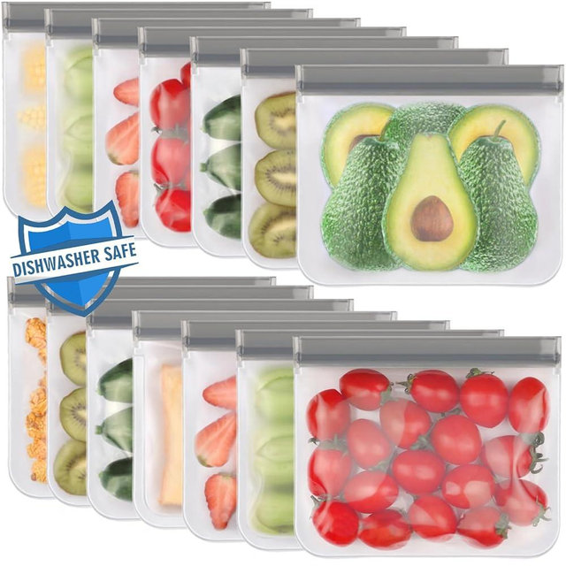 Lerine 14 Pack Reusable Sandwich Bags Dishwasher Safe, Reusable Food Storag Bags, Extra Thick Leakproof Reusable Quart Freezer Bags for Cereal, Lunch, Vegetables, Fruits