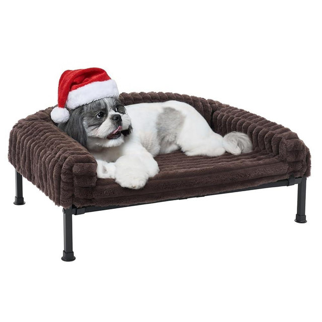 Veehoo Elevated Dog Bed with Bolster Cushion, Fluffy Plush Dog Couch Beds for Small Dogs, Cats, Washable Raised Pet Cot with Non-Slip Feet for Indoor or Patios Use, 30 x 20 Inches, Brown