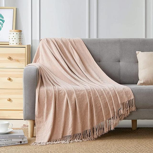 Bourina Chenille Throw Blanket with Decorative Fringe for Couch Sofa Chair Blanket (50×60 Inches) Pink