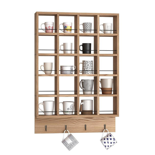 WYJREES Wooden Coffee Mug Display Rack, Wall Mounted Coffee Cup Display Shelf, Hold 24 Mugs, Rustic Shot Glass Display Case, Coffee Mug Holder Organizer for Kitchen, Coffee Station (23.6 * 29.5in)