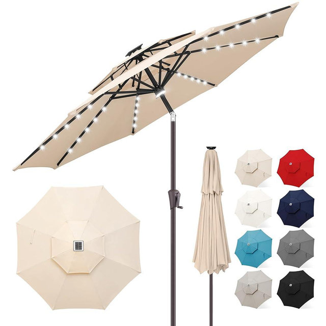 FLAME&SHADE 9 ft Double Top Solar Powered Outdoor Market Patio Table Umbrella with LED Lights and Tilt, Beige