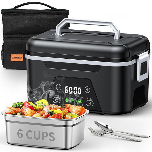 Quessa Cordless Heated Lunch Box for Adults, 1.5L (6 Cups) Portable Electric Lunch Box Battery Powered with Scheduled Heating, (All-round Heated) Rechargeable Food Warmer with Insulated Bag, Black