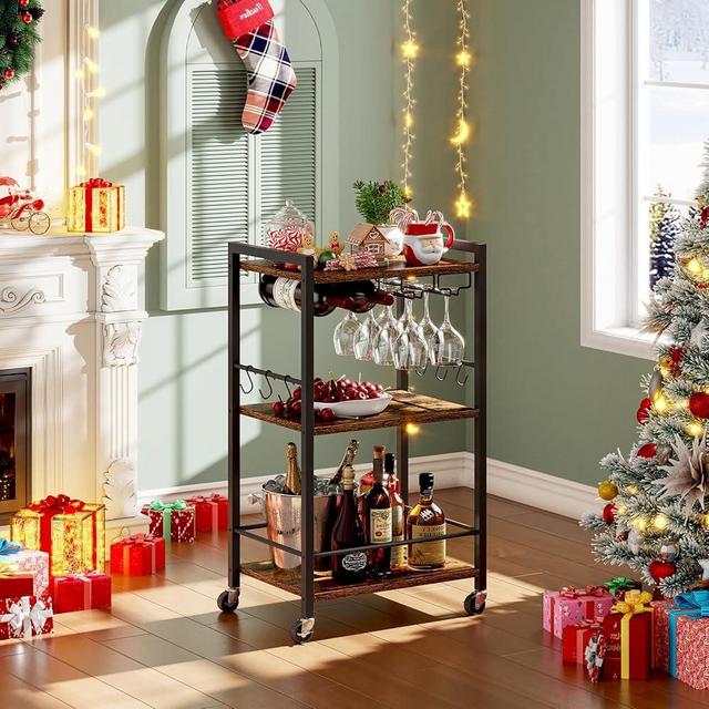 TUTOTAK Bar Cart, Home Bar Serving Cart, Small Wine Cart with 3-Tier Shelf, Beverage cart, Drink Cart with Wine Rack, Glass Holder, Rolling bar carts for The Home, Living Room, Brown BC01BB035