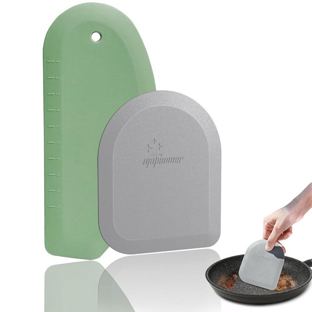 Bowl Scraper Dough Scraper Tool - Set of 2 Silicone Bench Scraper for Baking, Kitchen Pastry Scraper for Bread, Cake, Batter, cheese, Cream, Honey, Jam, Food Scraper with Curved Edge, Green & Grey