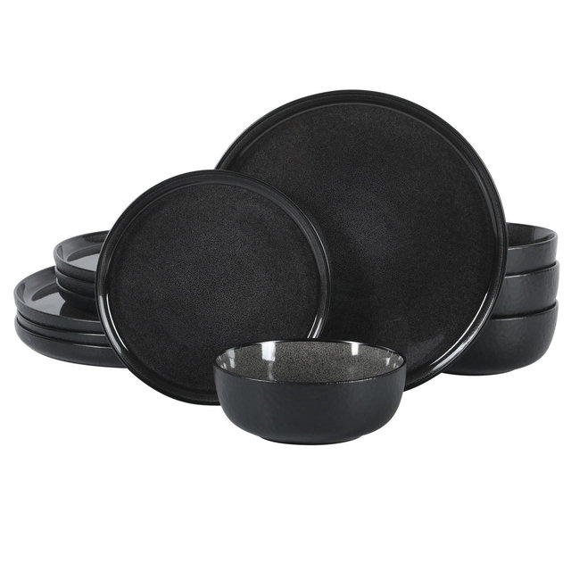 Gibson Elite Tahoe Sunset 12 Piece Stoneware Reactive Glaze Ceramic Plates and Bowls Dinnerware Set - Black