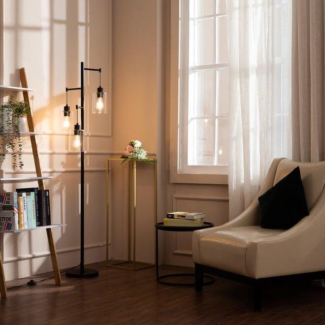 65" Industrial Floor Lamp with Hanging Shades for Home or Office, Black