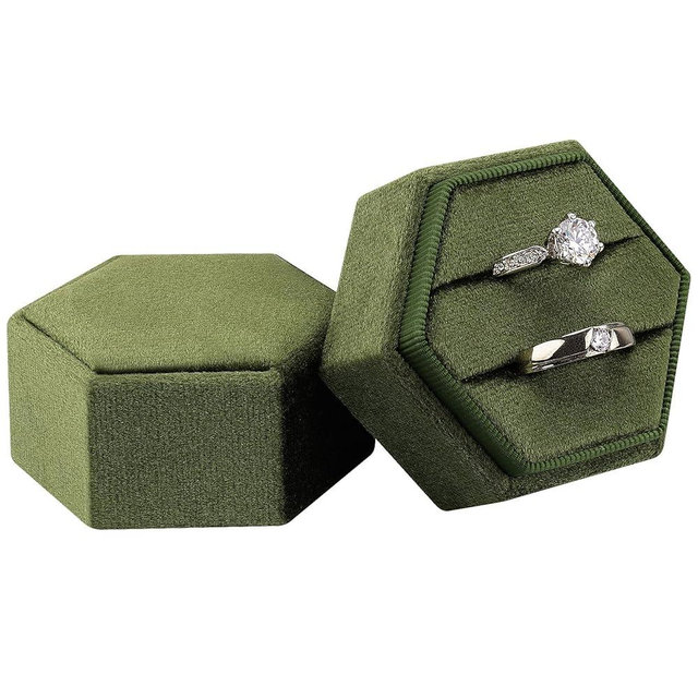 DesignSter Velvet Jewelry Ring Box,2 Slots Jewelry Ring Gift Box Vintage Ring Display Holder with Detachable Lid for Proposal, Engagement, Wedding, Ceremony(Dark grass green)