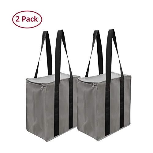 Insulated Reusable Grocery Bag Shopping Tote - Keeps Food Hot or Cold Large Durable Thermal Cooler Double Zipper Pull with Top Lid Closure Food Delivery and Catering (Grey)