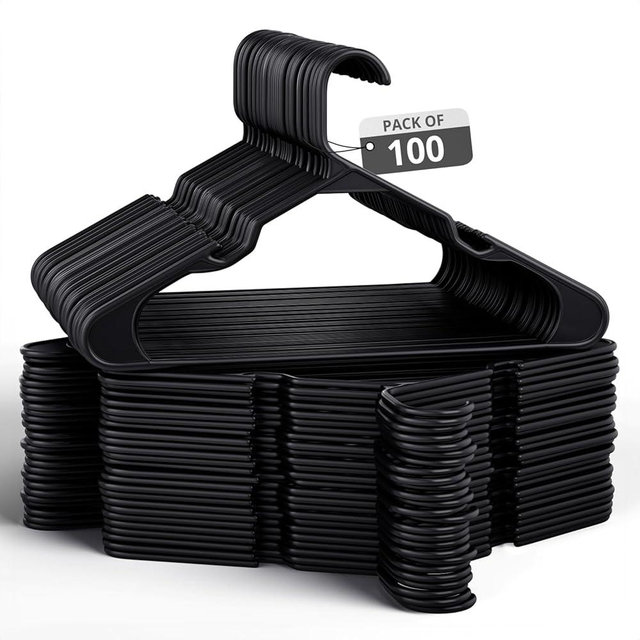 Our Modern Space 100 Pack Adult Plastic Hanger for Shirt Pants Coats Dresses Skirts Suits Jackets - Standard Thick Coat Hanger - Sturdy & Durable Design with Shoulder Grooves Hook - Black