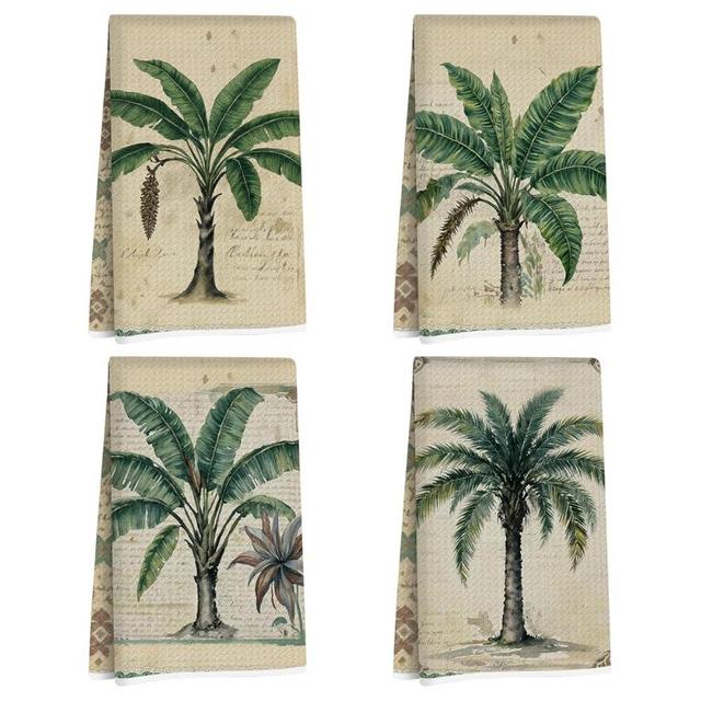 4 Pcs Vintage Banana palm Tree Kitchen Towels, Rustic Charm Decorative Absorbent Microfiber Dish Cloth Tea Towel, Waffle Soft Hand Towels for Farmhouse Home Bathroom Kitchen Decor, Housewarming Gifts