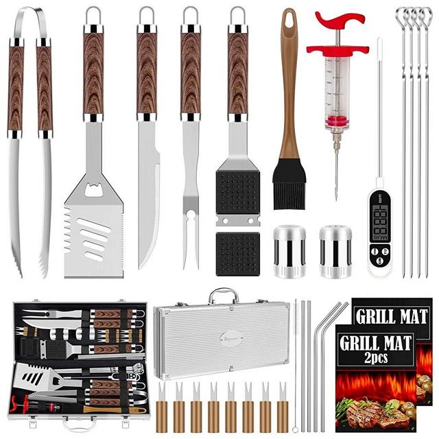 ROMANTICIST 31pcs BBQ Grill Tool Set for Men Dad, Heavy Duty Stainless Steel Grill Utensils Set, Non-Slip Grilling Accessories Kit with Thermometer, Mats in Aluminum Case for Travel, Outdoor Brown