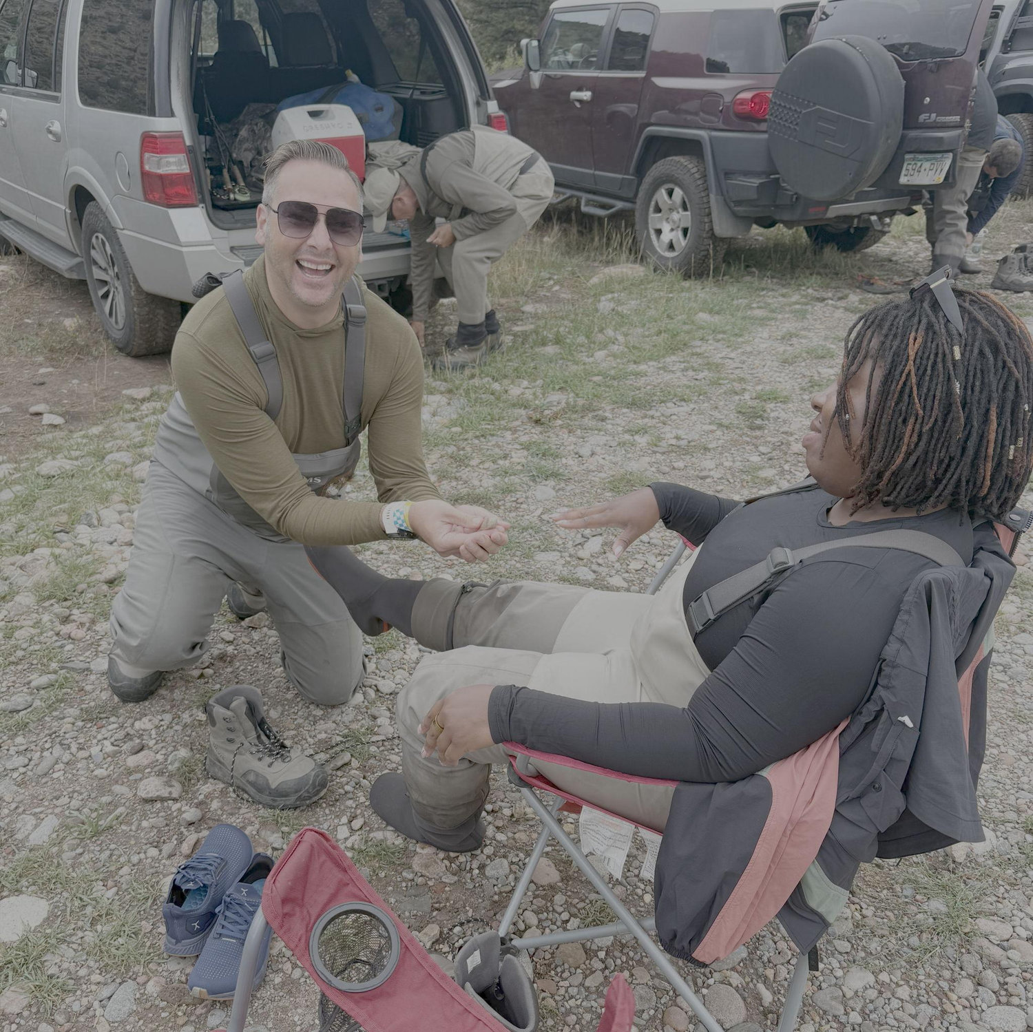 Jason's idea of a cute and crafty joke: During a fly fishing excursion, he dropped to on one knee and fake proposed with a real rock. Luckily his friends captured this sweet and silly moment.
