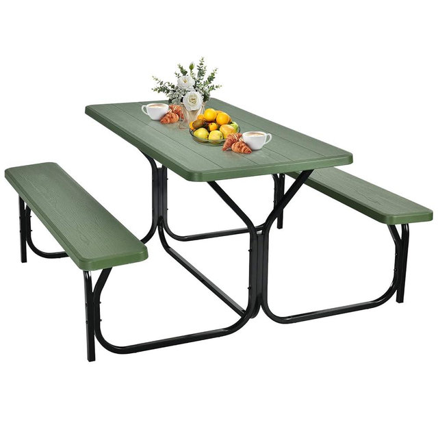 GYMAX Picnic Table, Picnic Bench Easy to Assemble w/All Weather Wood Grain Tabletop & Metal Frame, Picnic Tables for Outdoors Camping Backyard Deck Patio Poolside Dining Party