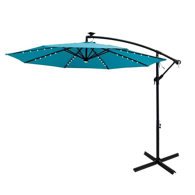 FLAME&SHADE 10 ft Cantilever Offset Solar Powered Outdoor Patio Umbrella with LED Lights and Cross Base Stand