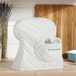 KITCHENAID Fitted Tilt-Head Ticking Stripe Stand Mixer Cover with Storage Pocket, Quilted 100% Cotton, Charcoal Grey, 14.4"x18"x10"