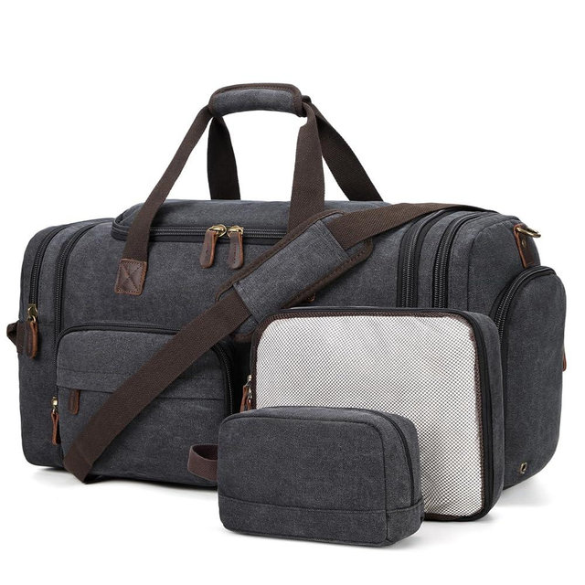 Yamons Mens Duffle Bag for Travel 3Pcs Set Travel Bags for Men 60L Expandable Canvas Bag (Dark Gray)