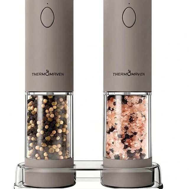 ThermoMaven Electric Salt and Pepper Grinder Set, 110ml Larger Rechargeable Automatic Salt and Pepper Mill Grinder with 6 Adjustable Coarseness, Electric Salt and Pepper Shakers, LED, Greige
