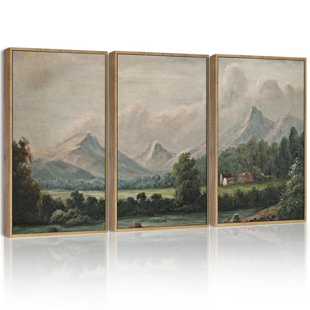SHENIFY Vintage Framed Wall Art Rustic Cottage Country Riverside Landscape Scenery Home Decor Retro Mountain Decorations for Bedroom Ready to Hang Wall Artwork - 11x14in3pcs Natural Framed
