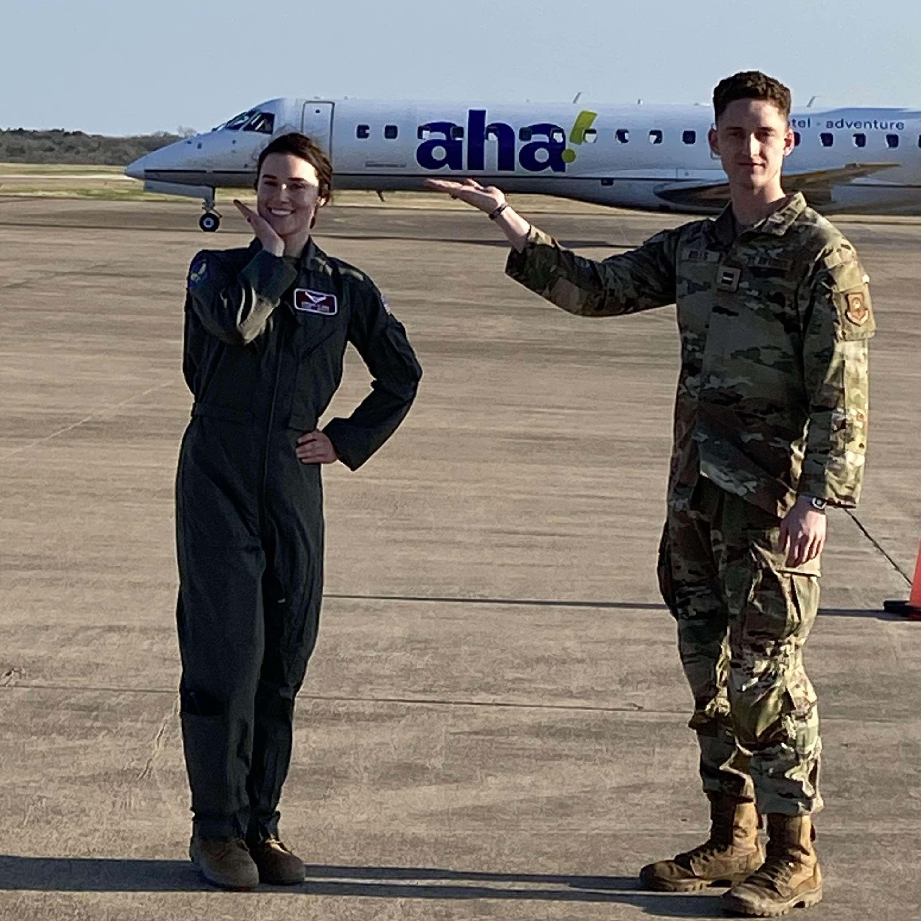 Nathan and I are so excited to serve in the Air Force together. We were at an air field to see a C-130 but got distracted by the other plane #silly. Here, I'm in my flight suit and he's in his camo.