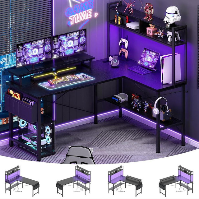 Aheaplus L Shaped Gaming Desk with Power Outlets & LED Lights, Small L- Shaped Desk Computer Corner Desk with Monitor Stand & Storage Shelf, Home Office Desk Writing Desk with Storage Bag, Black