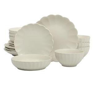 Gibson Elite Malibu Shore 16 Piece Scallop Stoneware Reactive Glaze (Service for 4) Ceramic Plates and Bowls Dinnerware Set - Cream White