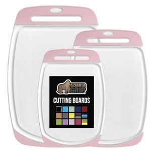 GORILLA GRIP BPA-Free Reversible Kitchen Cutting Board Set of 3, US Designed, Nonporous, Juice Grooves Catch Liquid, Slip Resistant Border, Dishwasher Safe, Durable Large Food Chopping Boards, Pink