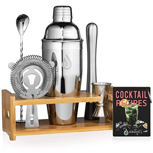 Dripware Cocktail Shaker Set Bartender Kit with Stand - Bar Tools for Bartending - Barware Tool Accessories - Martini Shaker for Drink Mixing, Jigger, Strainer, Muddler, Mixer Spoon, Bamboo Holder