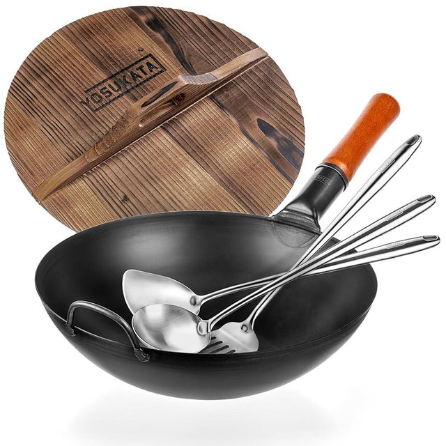 YOSUKATA Carbon Steel Wok Pan – 13,5 “ Stir Fry Pans with Flat Bottom + Wooden Wok Lid 13.5 in with Ergonomic Handle + 17" Spatula and Ladle and Turner