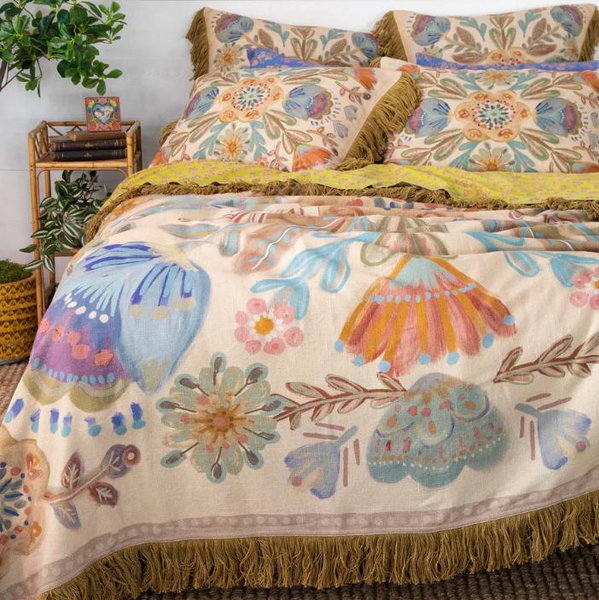 Boho Fringe Bedspread - Cream Mandala