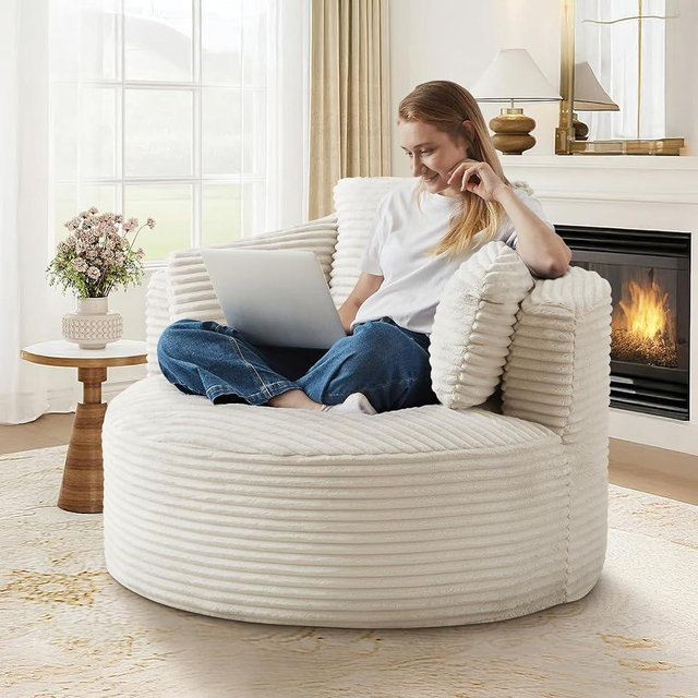 48"W Oversized Round Chaise Longue Chair Indoor,Corduroy Fluffy Comfy Cloud Chair,Circle Bean Bag Sofa with Foam Filling & Pillows,Boneless Reading Cozy Sofa Chairs for Living Room,Bedroom,White